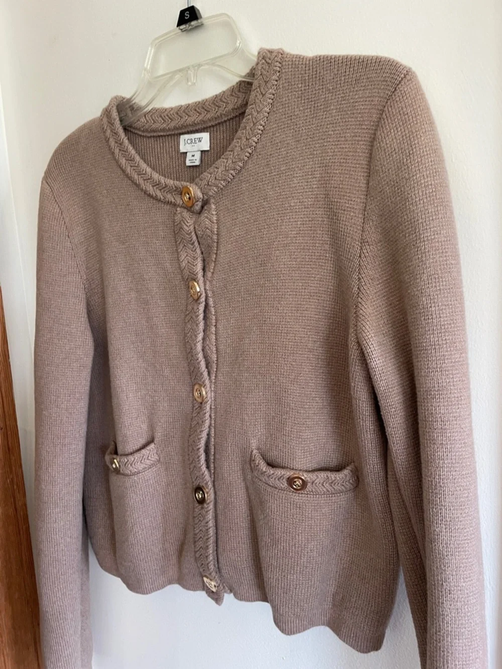 J. CREW Taupe Cotton Knit Button Braided Neck & Front Placket Cardigan M